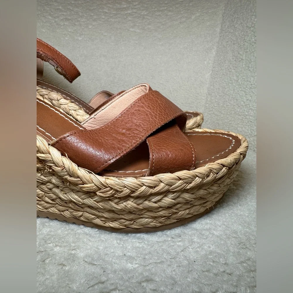 ALDO espadrilles platform shoes heels tan brown leather ankle straps summer 8.5‎